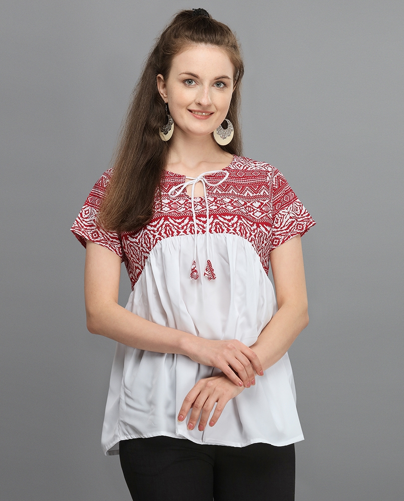  White top with short sleeves and a full-length design for women