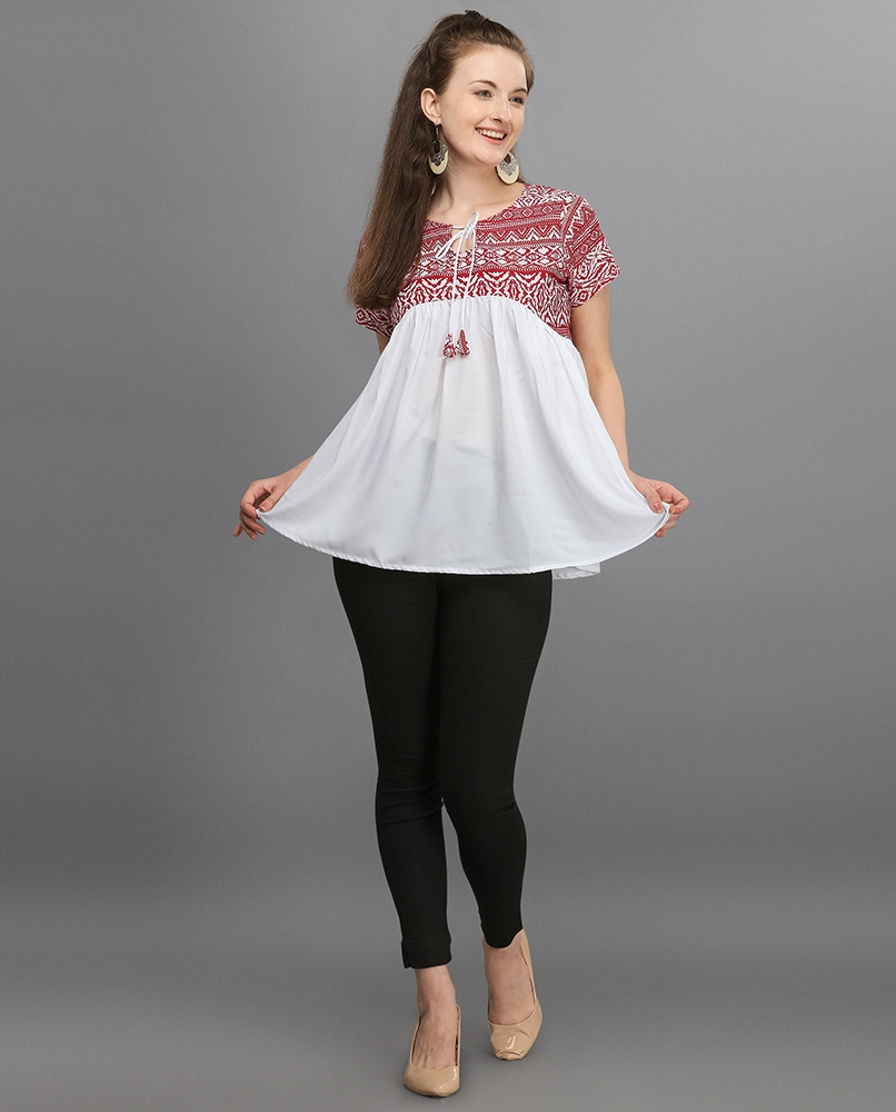  White top with short sleeves and a full-length design for women