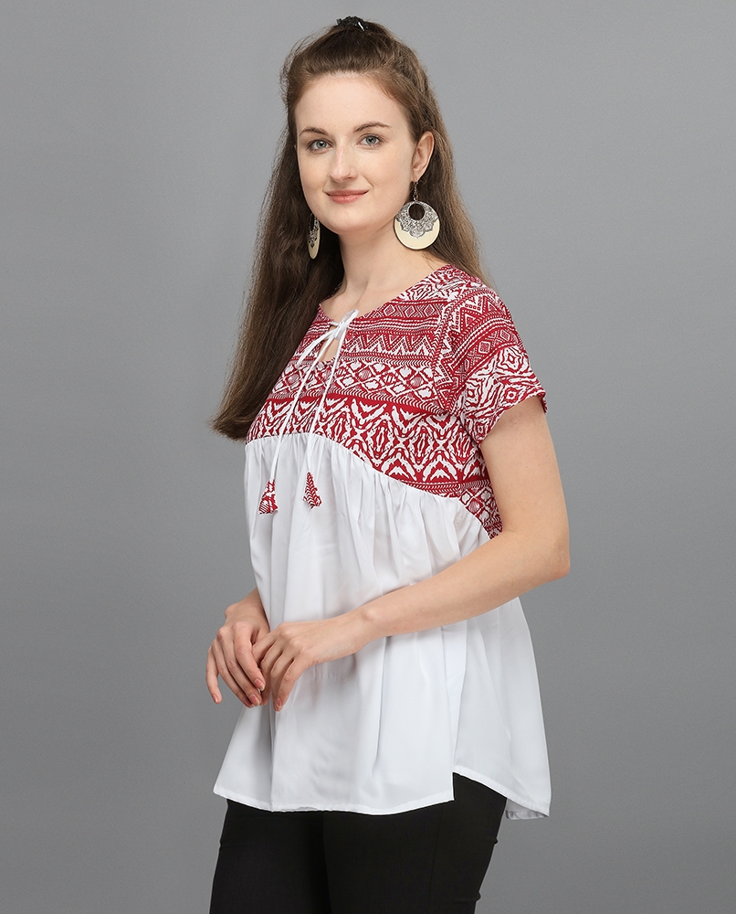  White top with short sleeves and a full-length design for women