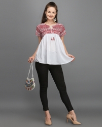  White top with short sleeves and a full-length design for women