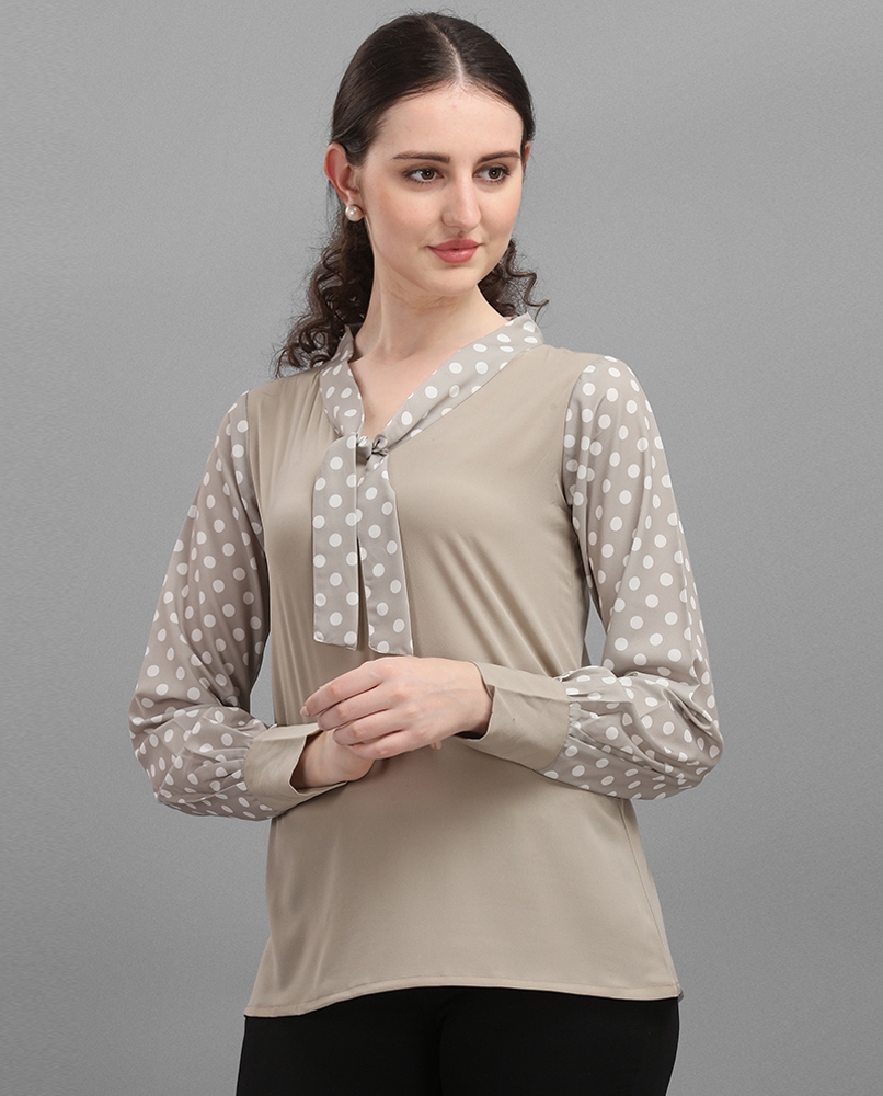 Long sleeves double pattern top beige