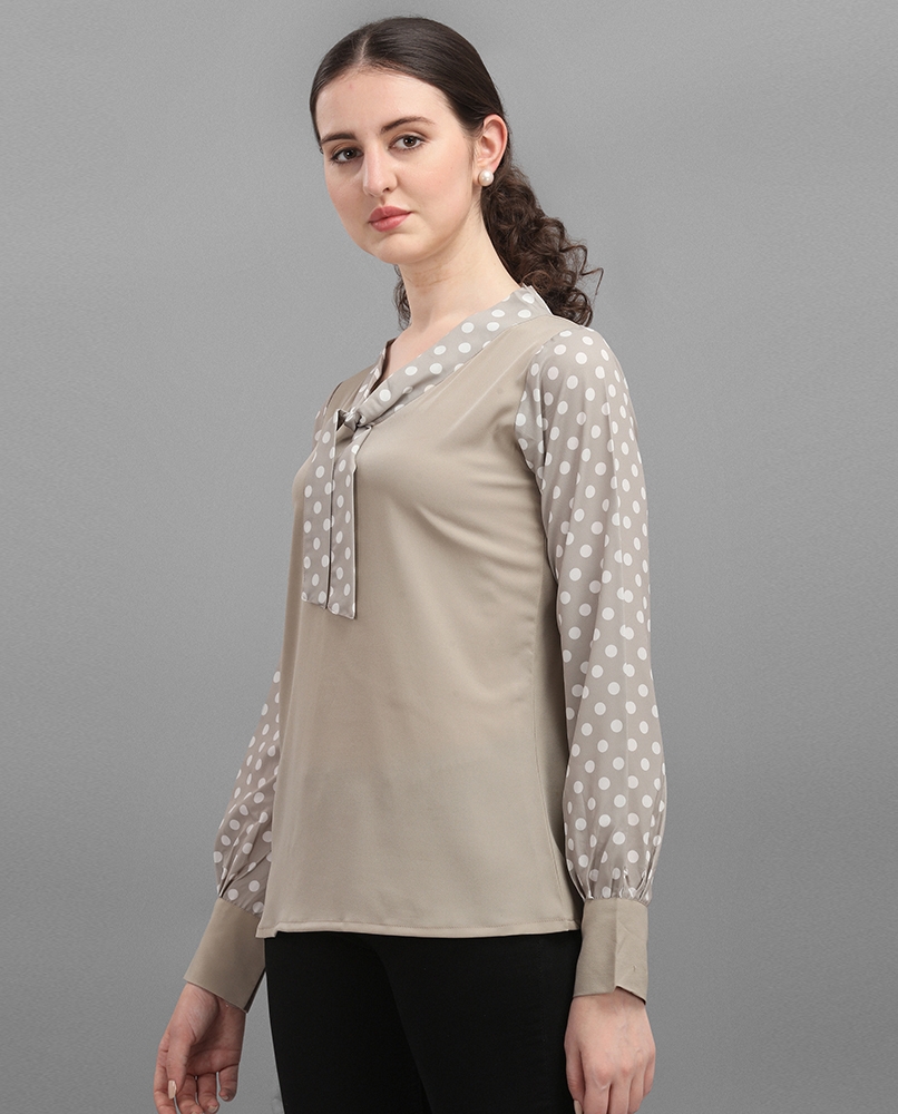 Long sleeves double pattern top beige