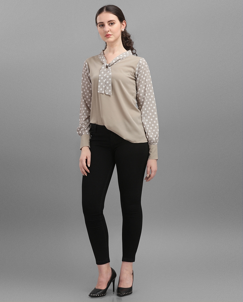 Long sleeves double pattern top beige